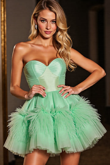 Green Strapless A Line Homecoming Dress with Feathers